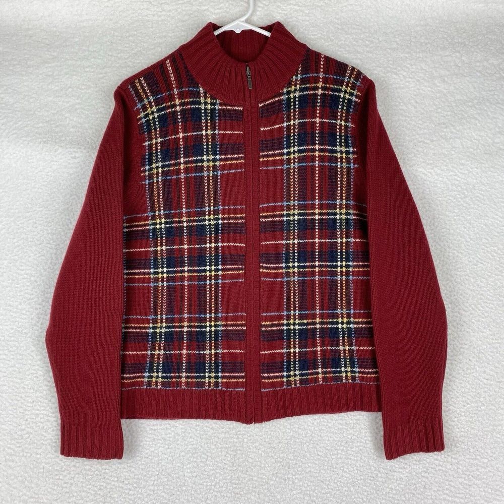 Vintage Eddie Bauer Sweater Womens Size L Lambs Wool Knit Plaid Full‎ Zip Y2K